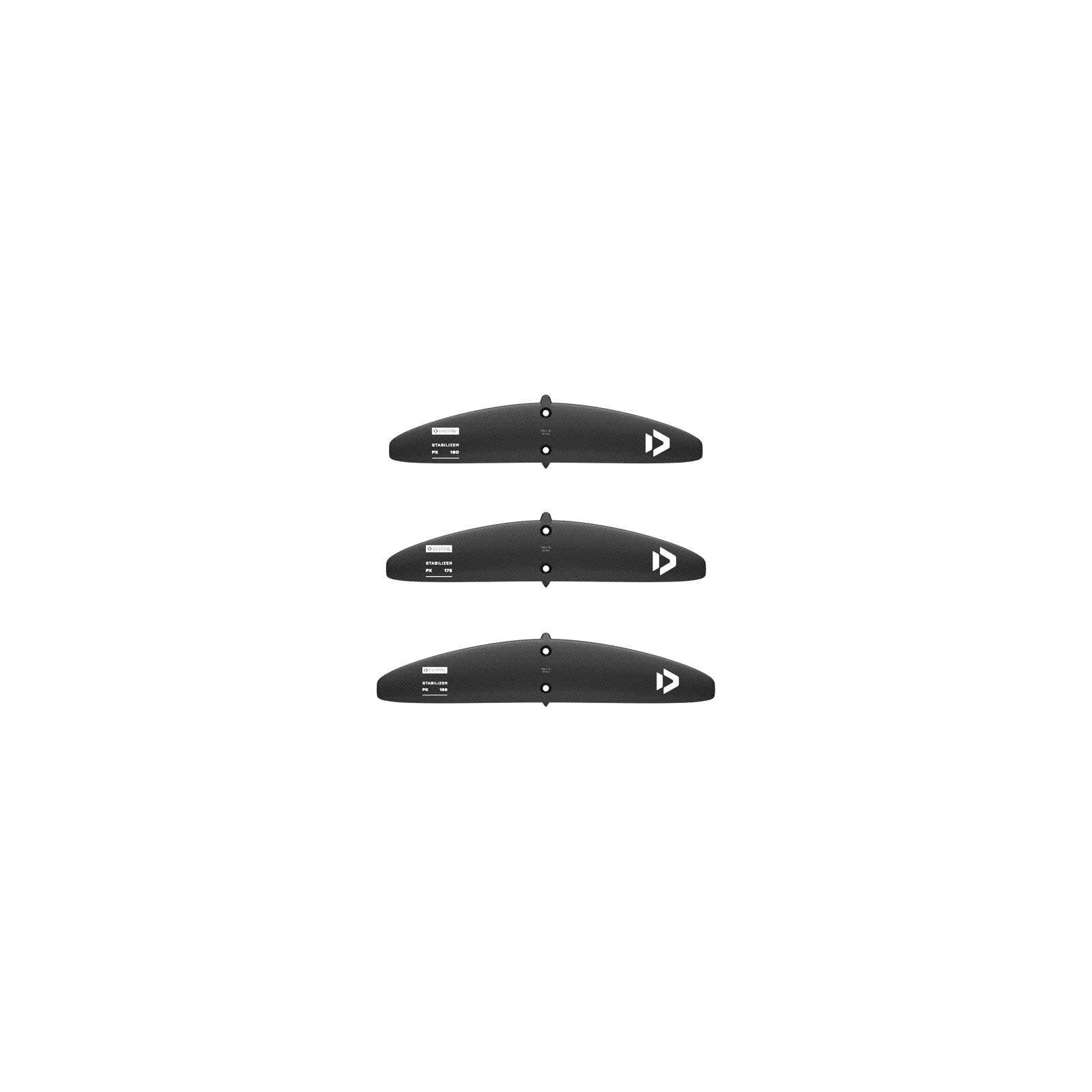 Duotone Wingfoil Stabilizer Auswahl - Windsport Fehmarn Drei schwarze Duotone PX Stabilizer Flügel in verschiedenen Größen untereinander angeordnet vor weißem Hintergrund.