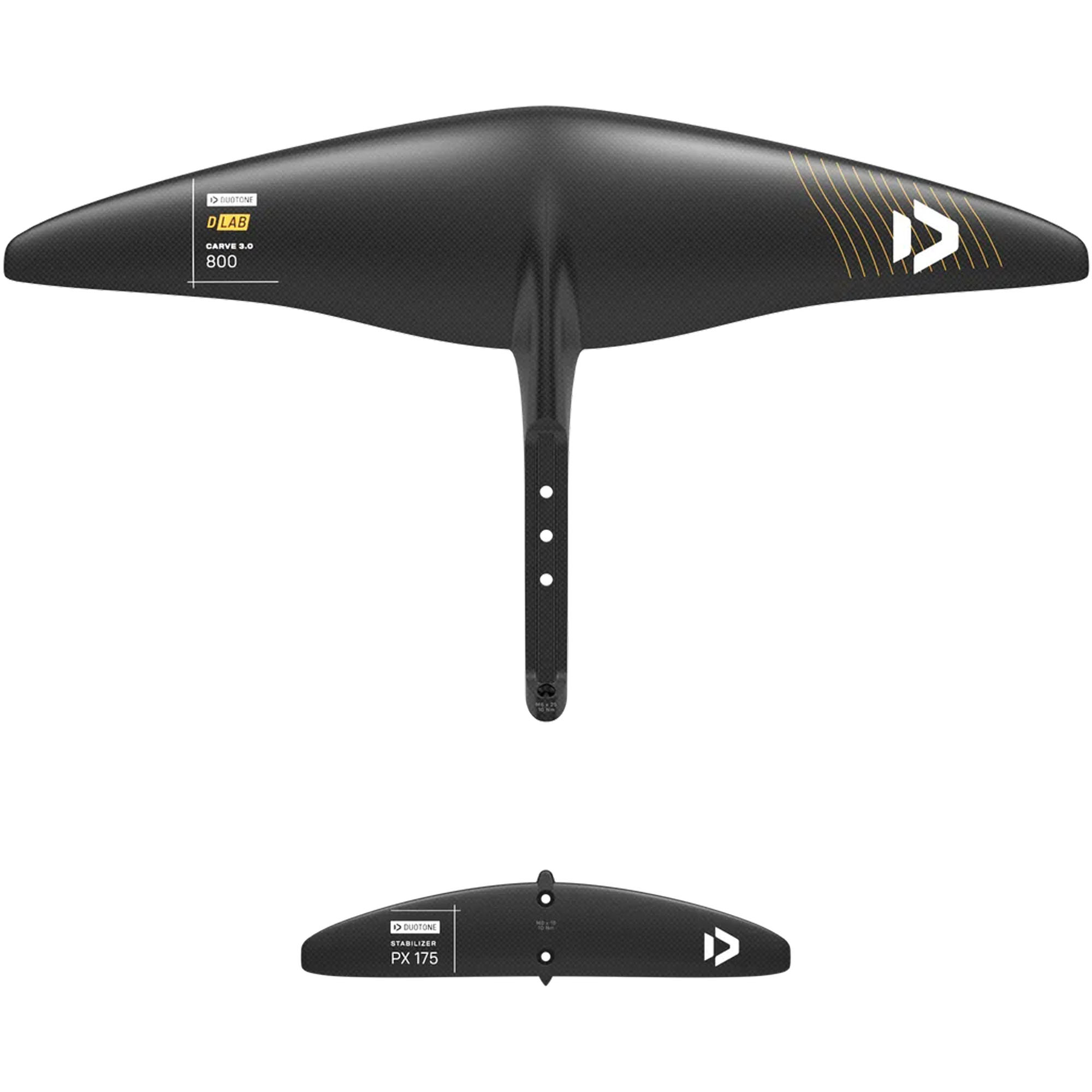 Duotone Carve 3.0 Hydrofoil Flügel - Windsport Fehmarn Duotone Carve 3.0 D/LAB Frontflügel 800 und Stabilizer PX 175 vor weißem Hintergrund.