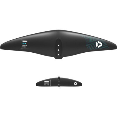 Ein Carbon-Frontflügel Carve 3.0 1100 und ein kleinerer Stabilizer PX 175 von Duotone auf weißem Hintergrund.