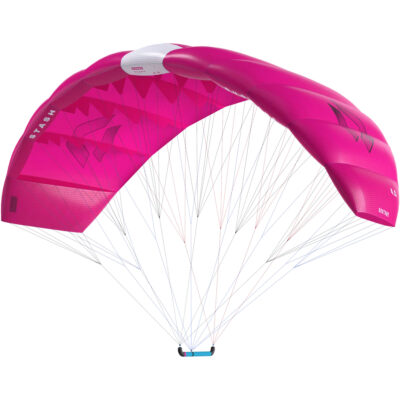 Pinker Duotone Stash Kitesurf-Schirm in der Luft, von vorne gesehen mit Leinen und Bar