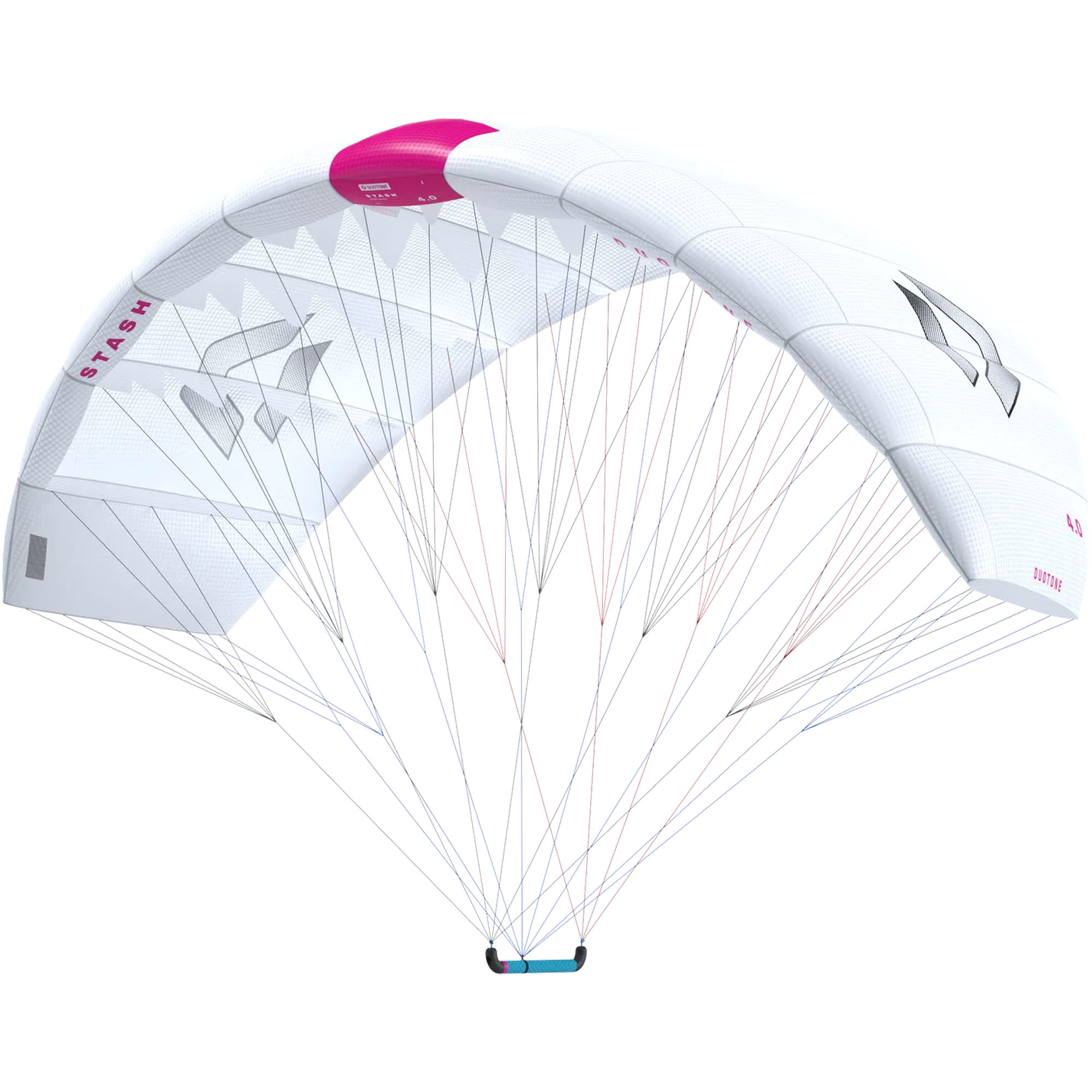Duotone Stash Kitesurf Schirm - Windsport Fehmarn Weißer Duotone Stash Kitesurf-Schirm mit pinken Akzenten und Steuerbar vor weißem Hintergrund.