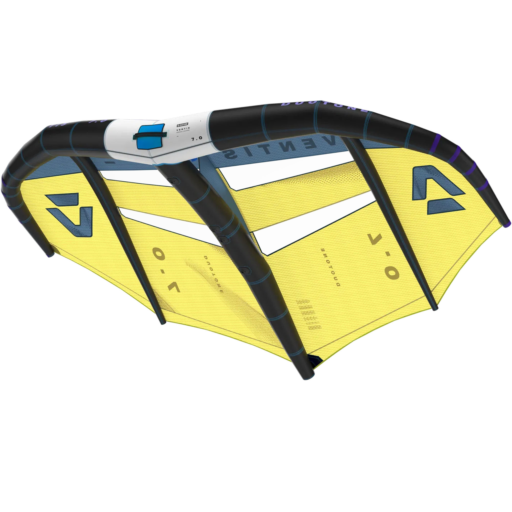 Duotone Ventis Wingfoiling Wing - Windsport Fehmarn Gelber und schwarzer Duotone Ventis Wing 7.0 für Wingfoiling auf weißem Hintergrund.