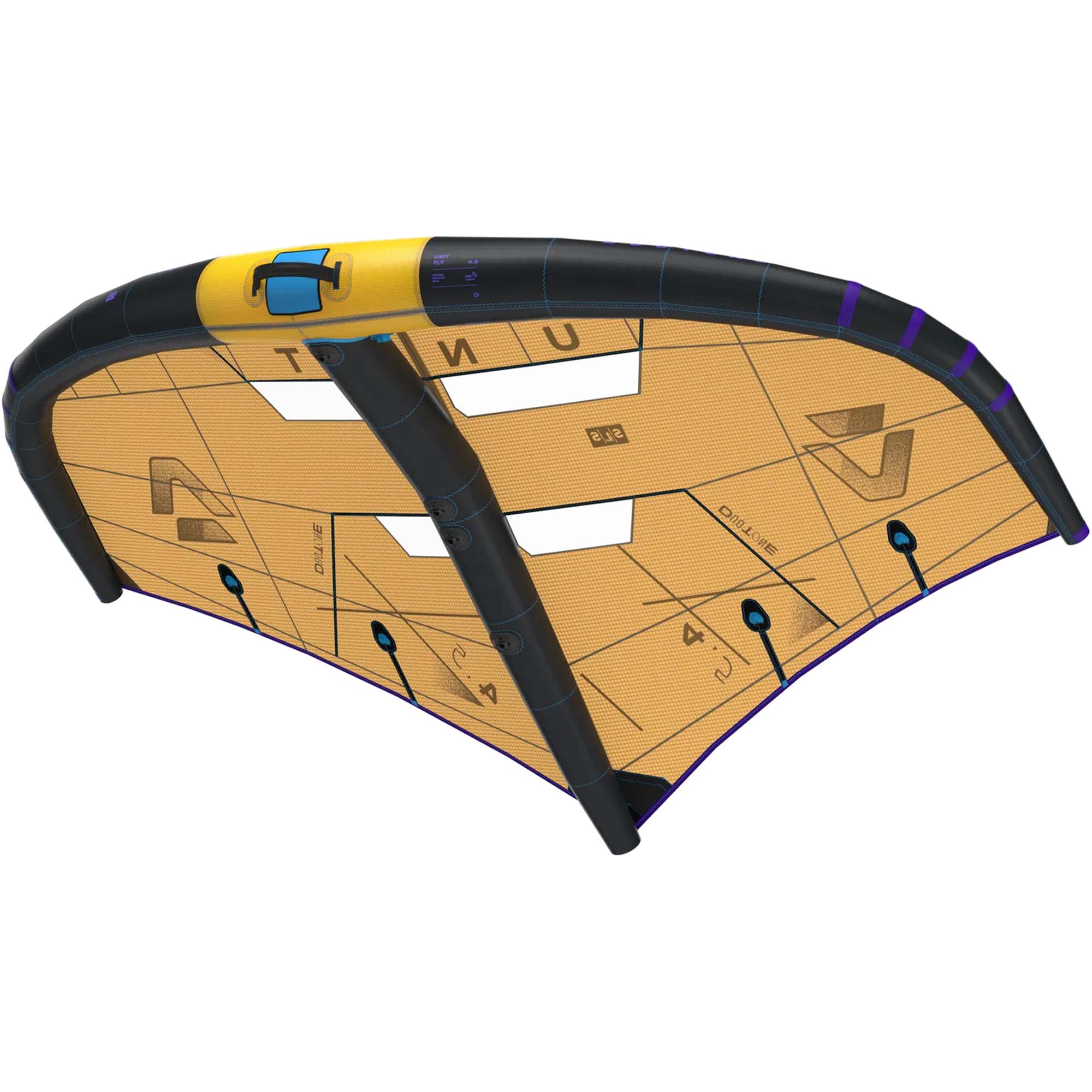 Duotone Unit Wingfoiling Wing - Windsport Fehmarn Ein gelber und schwarzer Duotone Unit Wing für das Wingfoiling vor weißem Hintergrund.