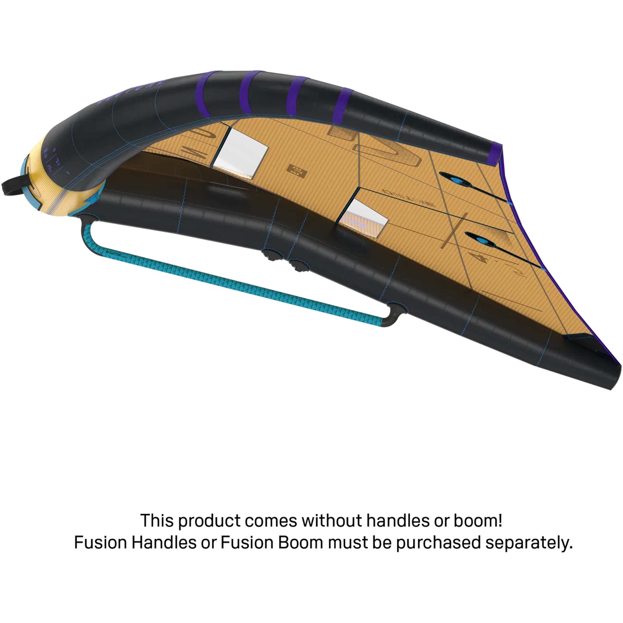 Duotone Wingfoil Wing Ansicht - Windsport Fehmarn Ein schwarzer und goldener Wingfoil-Wing von Duotone auf weißem Hintergrund, ohne montierte Griffe oder Baum.