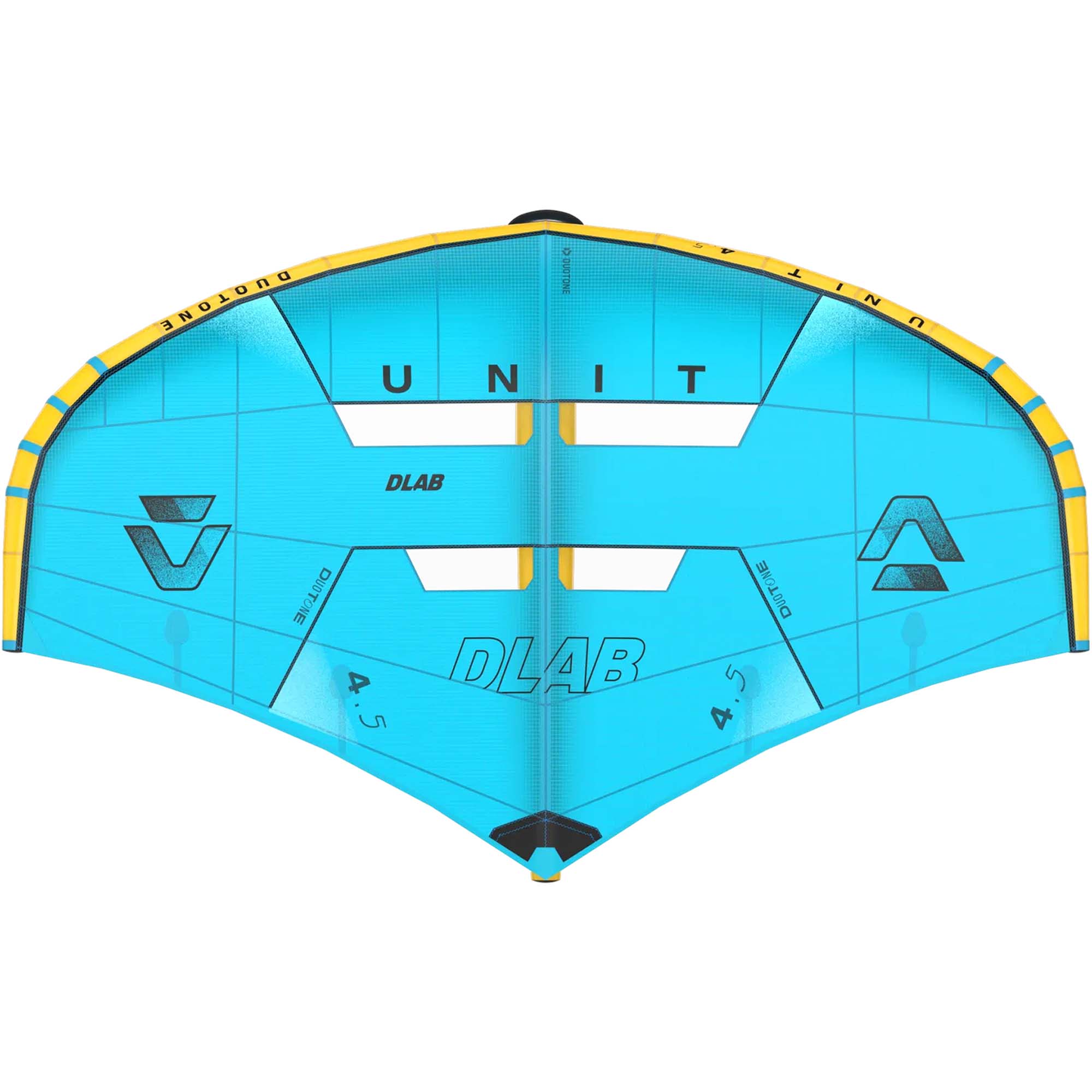 Duotone Unit DLAB Wing - Windsport Fehmarn Ein türkisfarbener Duotone Unit DLAB Wing mit gelbem Rand und schwarzer Beschriftung vor weißem Hintergrund.