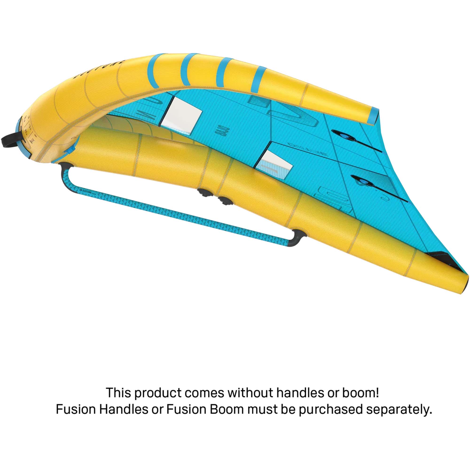 Duotone Wingfoil Wing gelb blau - Windsport Fehmarn Ein gelb-blauer Duotone Wingfoil-Flügel vor weißem Hintergrund, ohne vormontierte Griffe oder Baum.