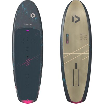 Vorder- und Rückseite des Duotone Skybrid SLS Wingfoil-Boards in Anthrazit und Beige auf weißem Hintergrund.