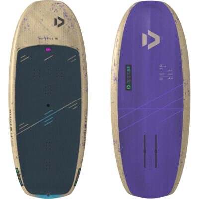 Draufsicht und Unterseite des Duotone Sky Style Wingfoil Boards in Beige und Lila.