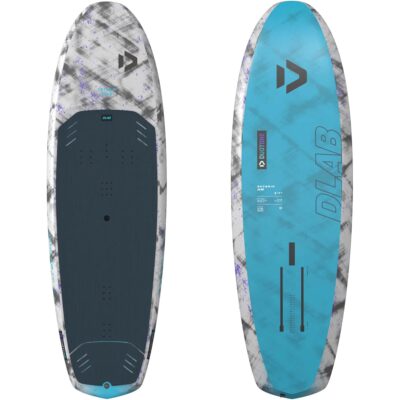 Vorder- und Rückansicht des Duotone Skybrid DLAB Wingboards mit grau-weißem Muster und hellblauem Design.