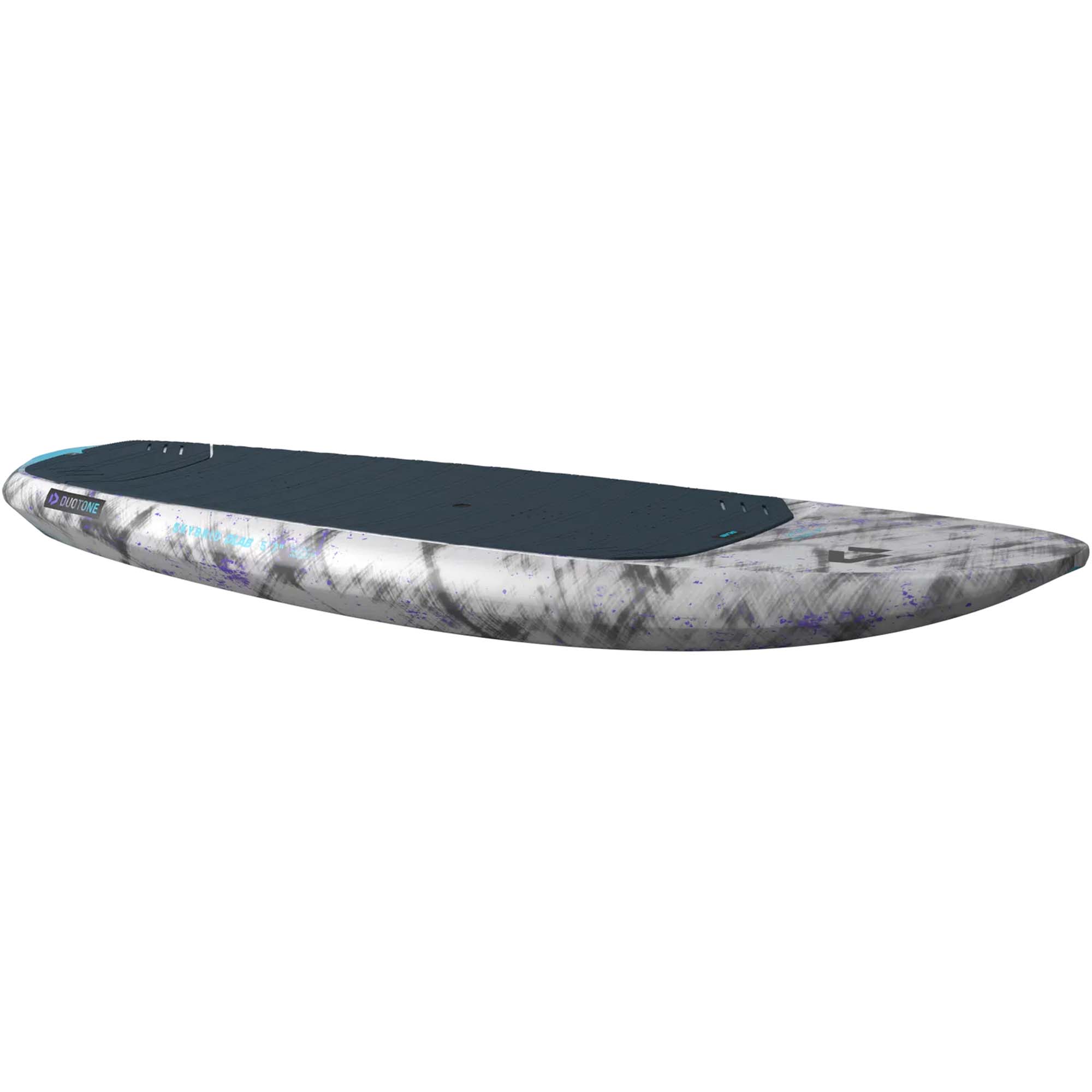 Duotone Wingfoil Board Skybrid - Windsport Fehmarn Duotone Skybrid Wingfoil-Board in grau-weißem Design mit dunklem Deckpad auf weißem Hintergrund.