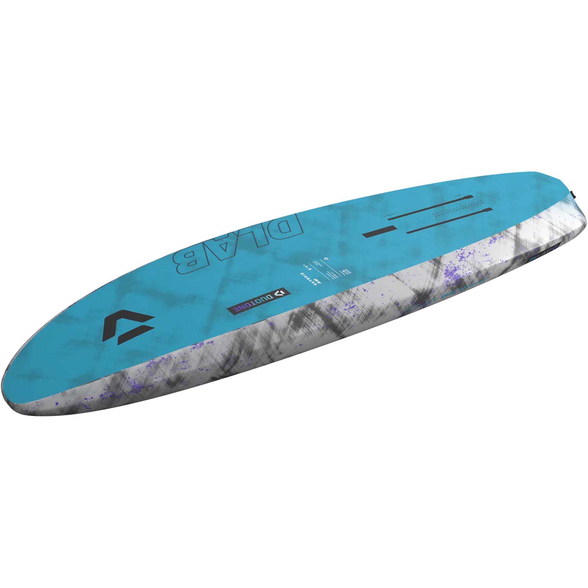 Duotone Sky Hybrid Wingboard - Windsport Fehmarn Ein türkisfarbenes Duotone Sky Hybrid Wingboard auf weißem Hintergrund mit D/LAB-Schriftzug.