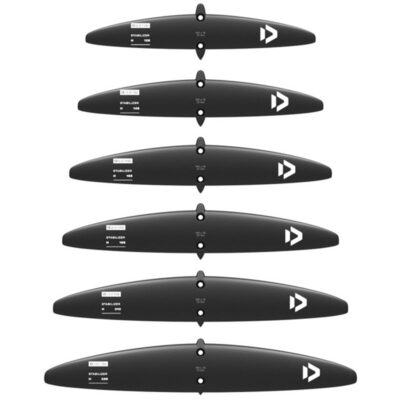 Sechs Carbon-Stabilisatoren für Wingfoil-Systeme in verschiedenen Größen untereinander angeordnet.