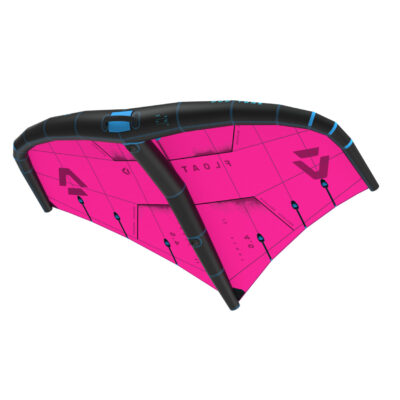 Ein pinkfarbener Duotone Float Wing vor weißem Hintergrund mit schwarzen Tubes und blauem Griff.