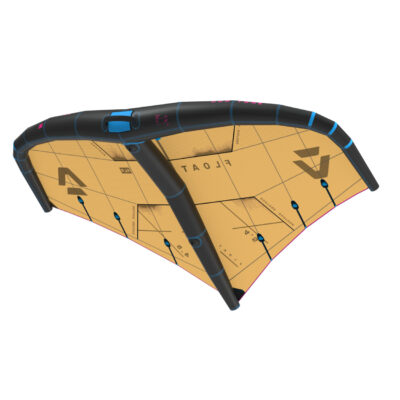 Ein schwarzer Duotone Wingfoil-Flügel mit beigefarbener Bespannung vor weißem Hintergrund.