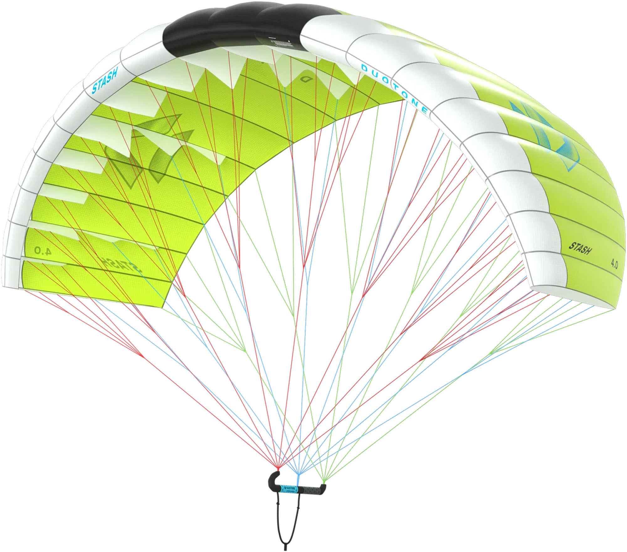 Duotone Stash Kitesurf-Kite - Windsport Fehmarn Ein neongelber und weißer Duotone Stash Kitesurf-Kite mit Leinen und Bar vor weißem Hintergrund.