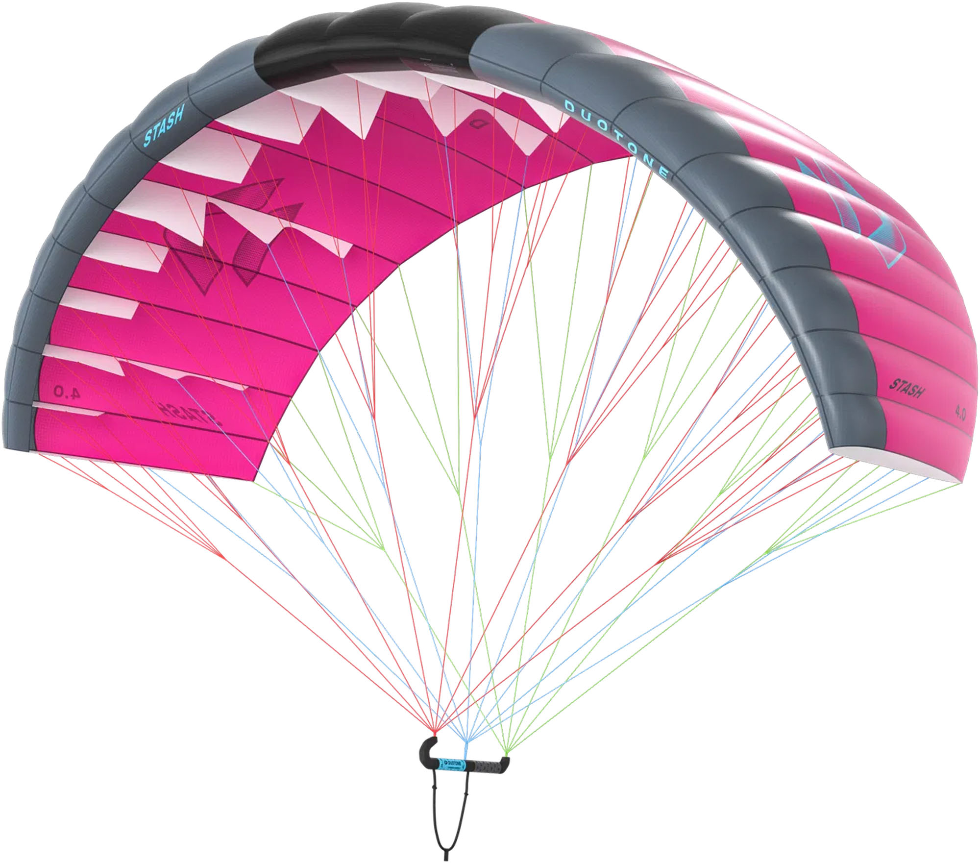 Duotone Stash Kitesurf Schirm - Windsport Fehmarn Duotone Stash Kitesurf Schirm in Pink und Grau mit ausgebreiteten Leinen vor weißem Hintergrund