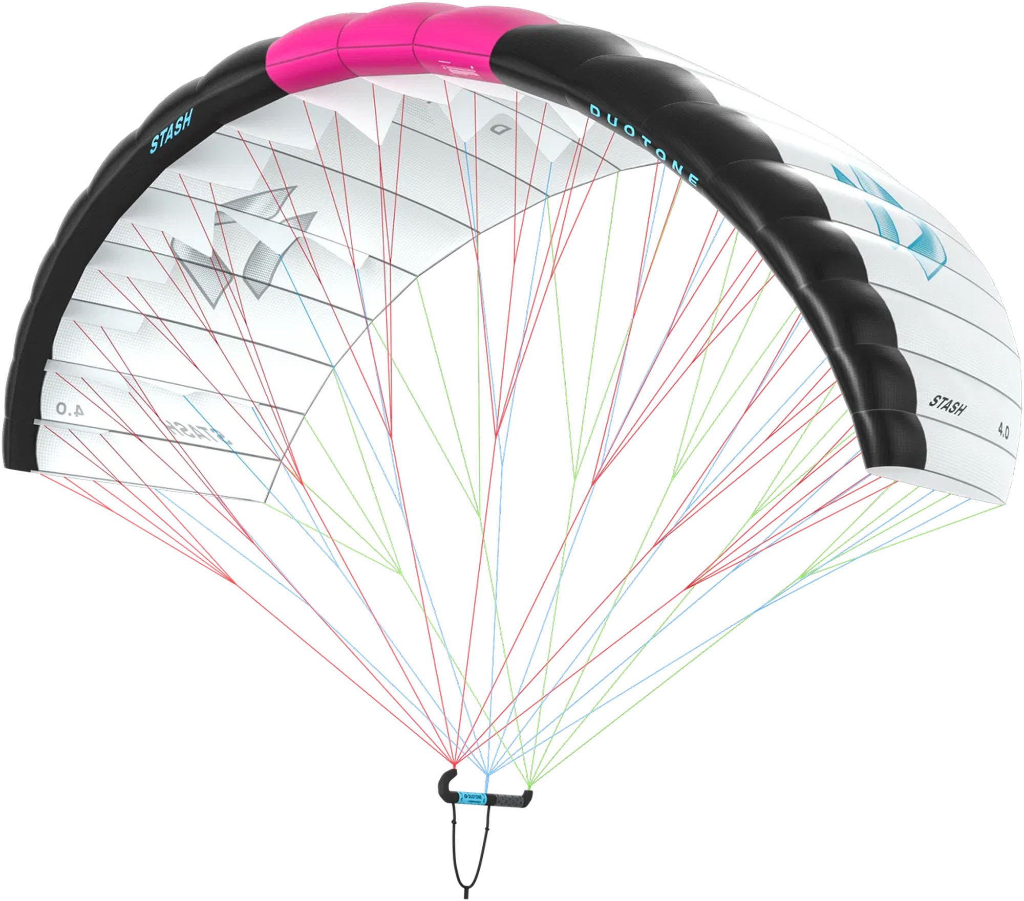 Duotone Stash Kitesurfing Wing - Windsport Fehmarn Duotone Stash Kitesurfing-Wing in Weiß und Schwarz mit pinkem Element vor weißem Hintergrund.