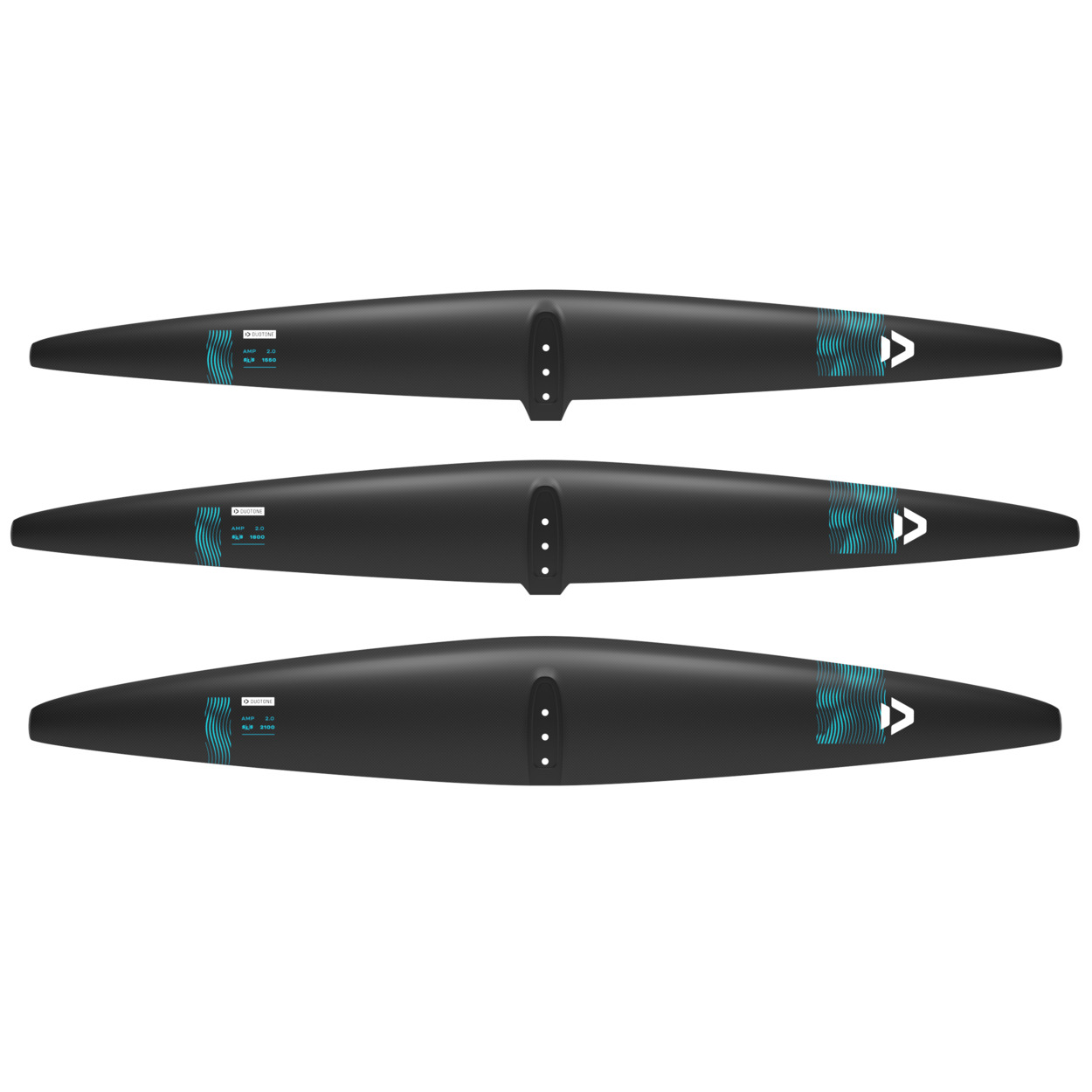Duotone AMP 2.0 Foil-Flügel - Windsport Fehmarn Drei schwarze Duotone AMP 2.0 Foil-Flügel in verschiedenen Größen untereinander angeordnet vor weißem Hintergrund.