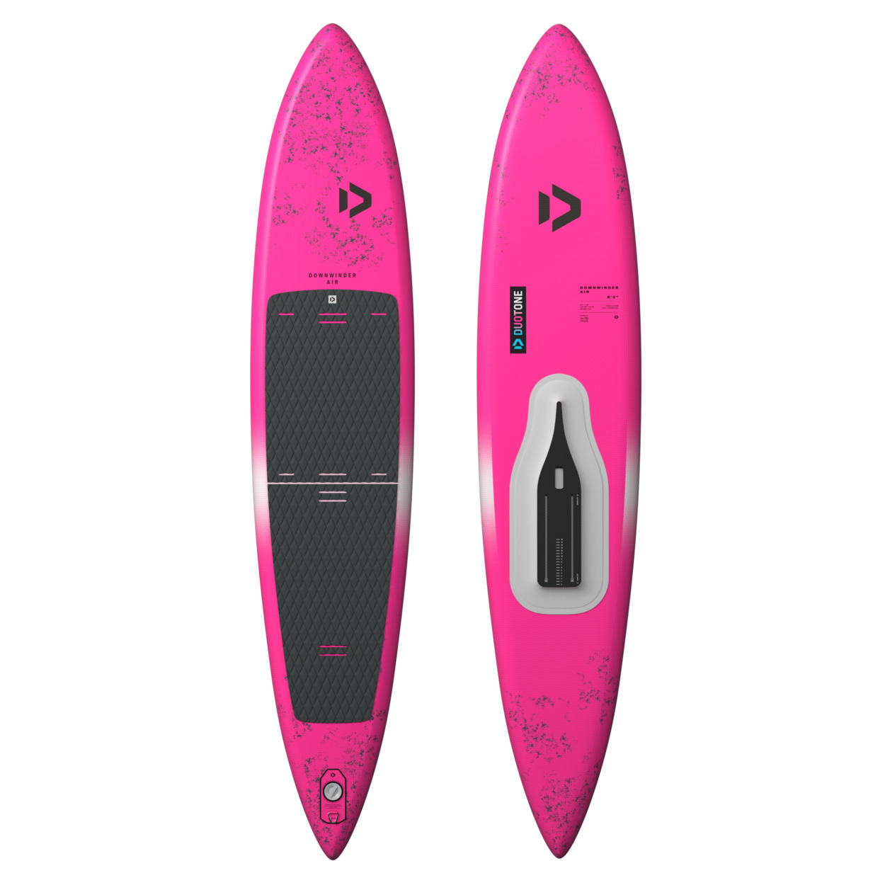 Duotone Downwinder Air Board - Windsport Fehmarn Vorder- und Rückansicht des pinken Duotone Downwinder Air Surfbretts mit schwarzem Deckpad und Logo-Details.