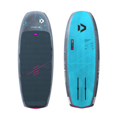 Draufsicht und Unterseite des Duotone Strider SLS Wake Foil Boards in Blau und Grau vor weißem Hintergrund.