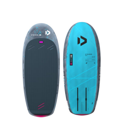 Vorder- und Rückseite des Duotone Strider SLS Foilboards in Blau und Grau vor weißem Hintergrund.