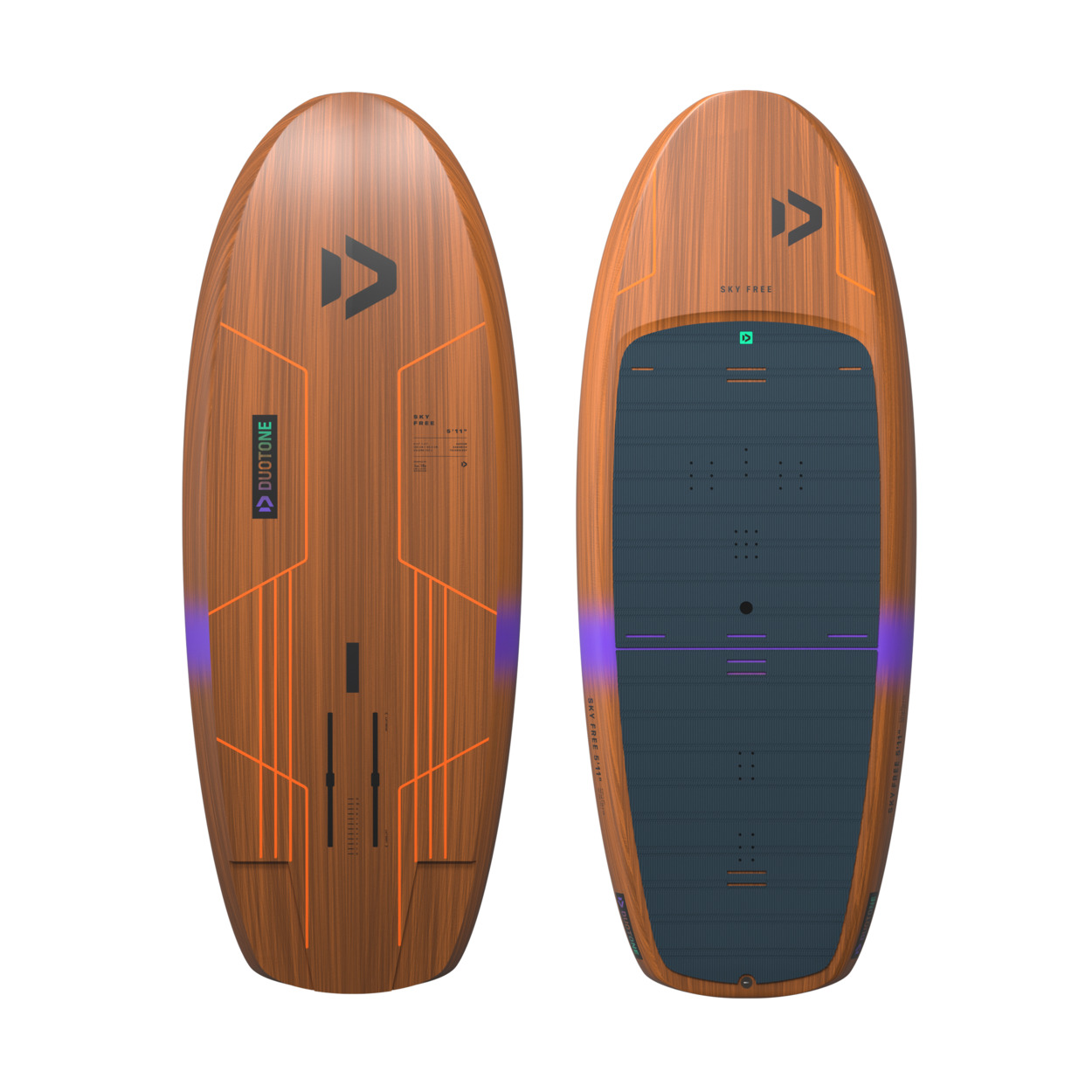 Duotone Sky Free Wingboard - Windsport Fehmarn Vorder- und Rückansicht des holzfarbenen Duotone Sky Free Wingboards mit schwarzem Deckpad.