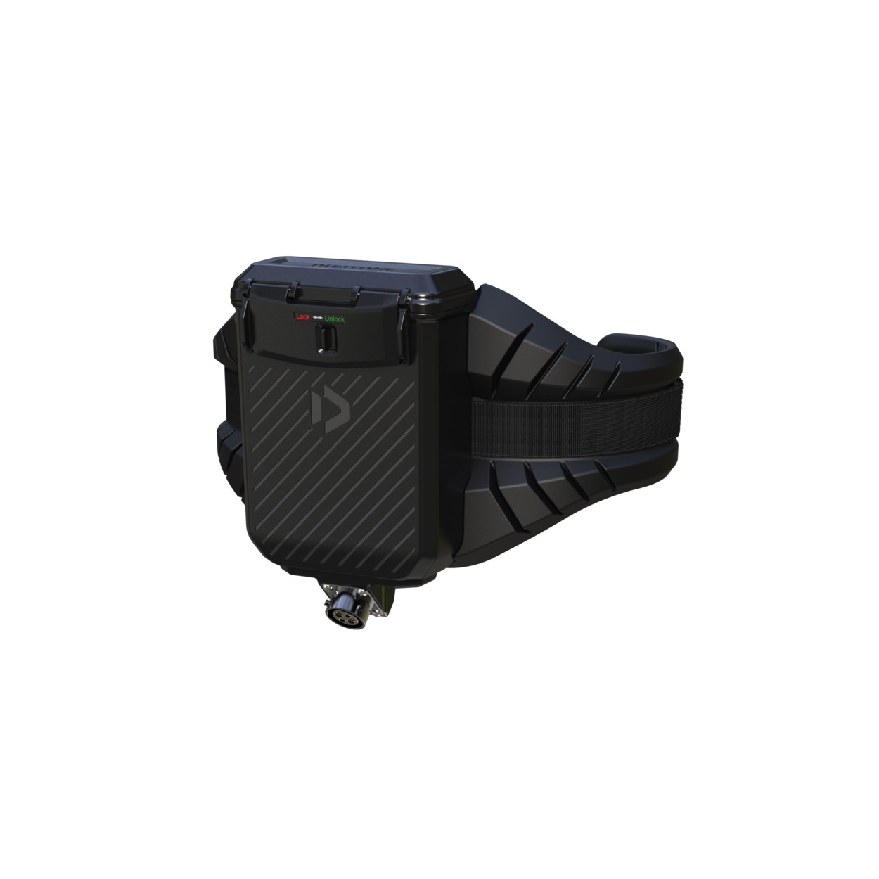Duotone Kiteboarding Hüfttrapez-Halterung - Windsport Fehmarn Schwarzes Duotone Hardware-Modul mit Klickverschluss vor weißem Hintergrund.