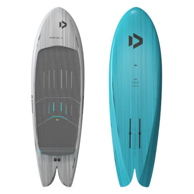 Vorder- und Rückseite des Duotone Midfish Wingboards in Weiß und Türkis mit Fischschwanz-Design.