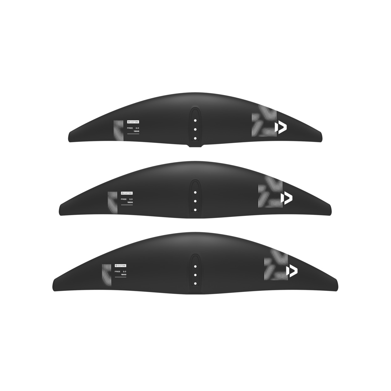 Duotone Free 2.0 Foil-Flügel - Windsport Fehmarn Drei schwarze Duotone Free 2.0 Wingfoil-Frontflügel in unterschiedlichen Größen untereinander angeordnet.
