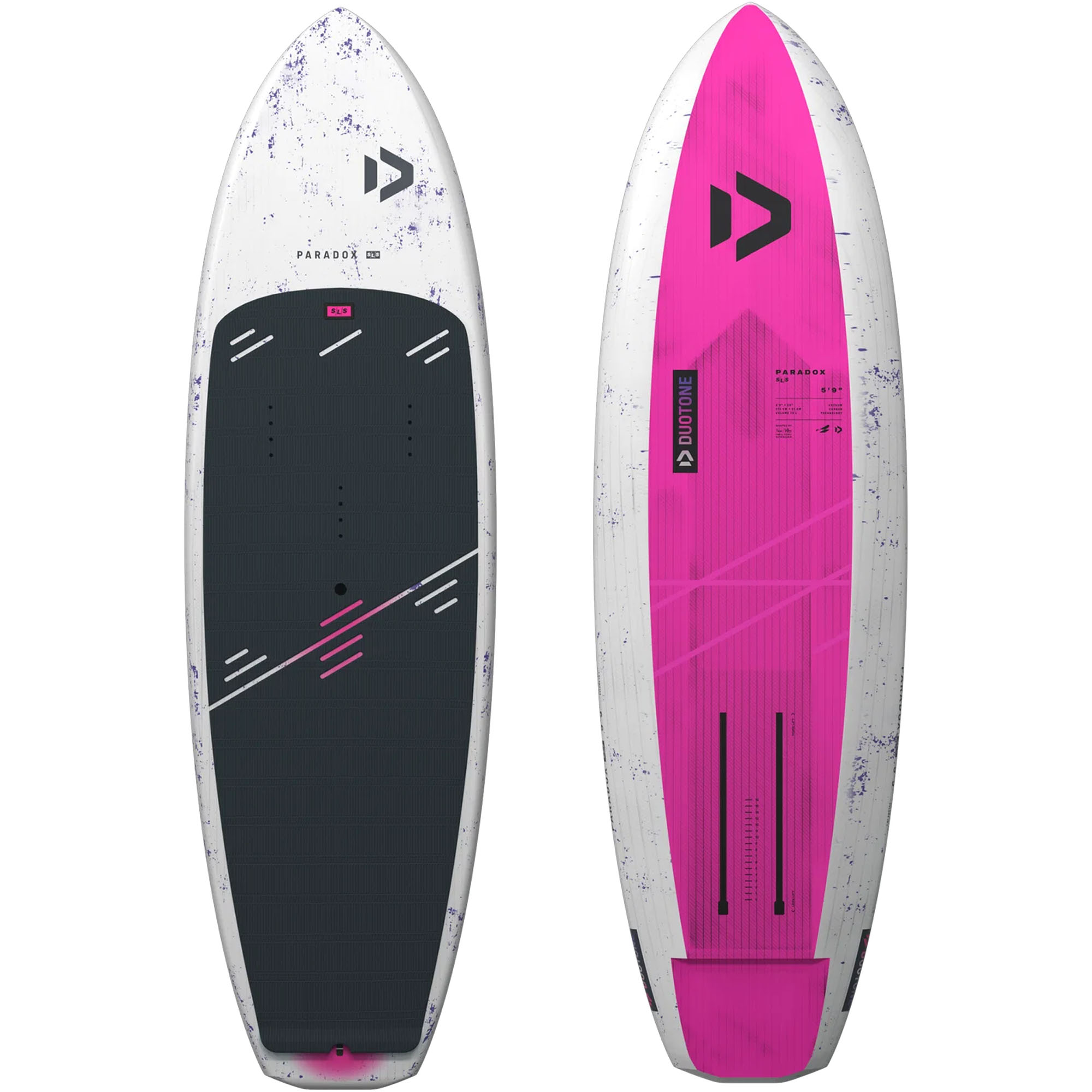 Duotone Paradox SLS Surfboard - Windsport Fehmarn Vorder- und Rückseite des Duotone Paradox SLS Surfboards mit weiß-lila Spritzer-Design und pinken Akzenten.