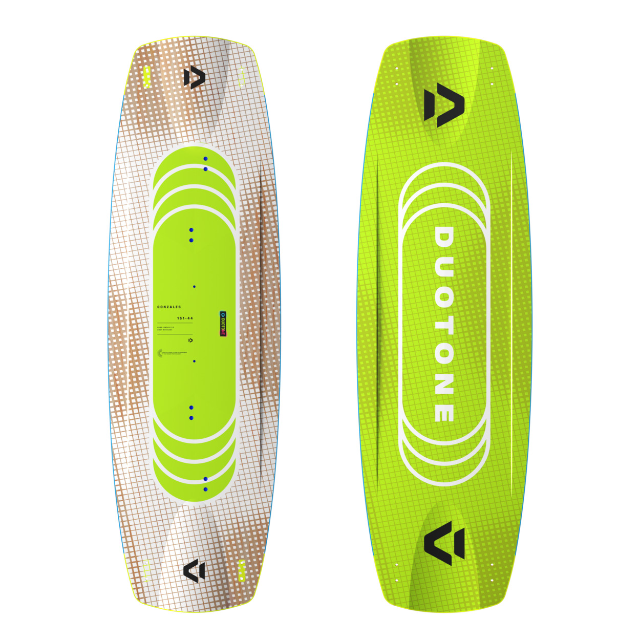 Duotone Gonzales 2026 Kiteboard Ansicht - Windsport Fehmarn Draufsicht und Unterseite des Duotone Gonzales 2026 Kiteboards in leuchtendem Grün und weißem Gittermuster.