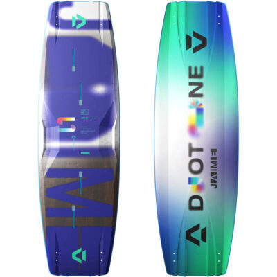 Vorder- und Rückseite des Duotone Jaime Concept Blue Kiteboards 2025 in blau-grünem Farbverlauf.