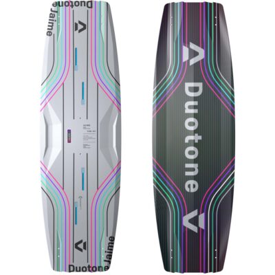 Vorder- und Rückseite des Duotone Jaime Concept Blue Kiteboards 2026 mit vertikalem Neon-Liniendesign.