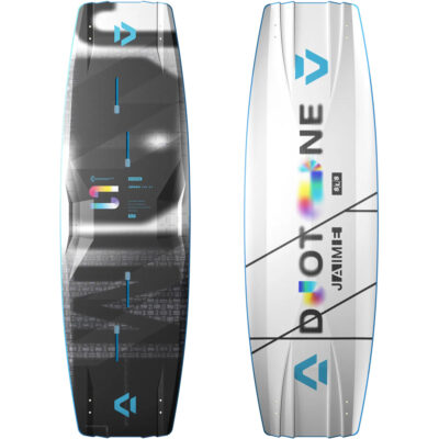 Vorder- und Rückseite des Duotone Jaime SLS 2025 Kitesurfboards in Weiß und Anthrazit mit blauem Logo.