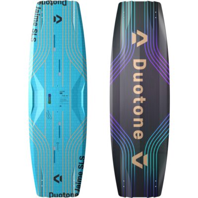 Vorder- und Rückseite des Duotone Jaime SLS 2026 Kitesurfboards in Blau und Schwarz mit geometrischem Liniendesign.