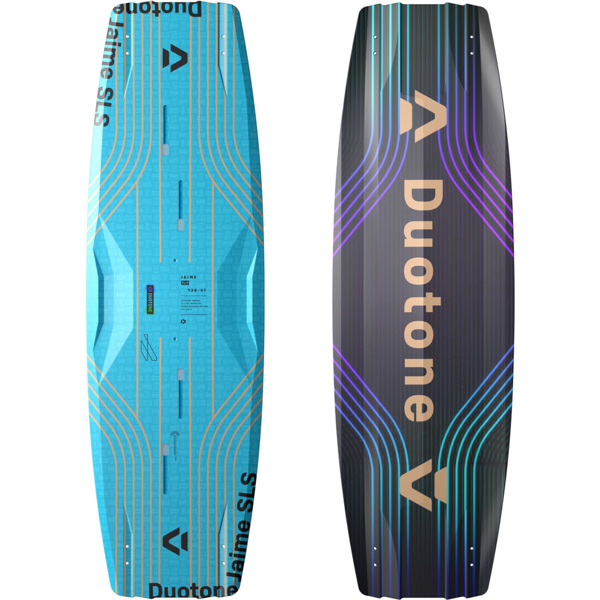Duotone Jaime SLS 2026 Kitesurfboard - Windsport Fehmarn Vorder- und Rückseite des Duotone Jaime SLS 2026 Kitesurfboards in Blau und Schwarz mit geometrischem Liniendesign.