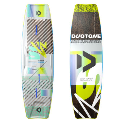 Vorder- und Rückseite des Duotone Select Concept Blue Kitesurfboards 2024 mit Grafikdesign in Weiß, Blau und Gelb.