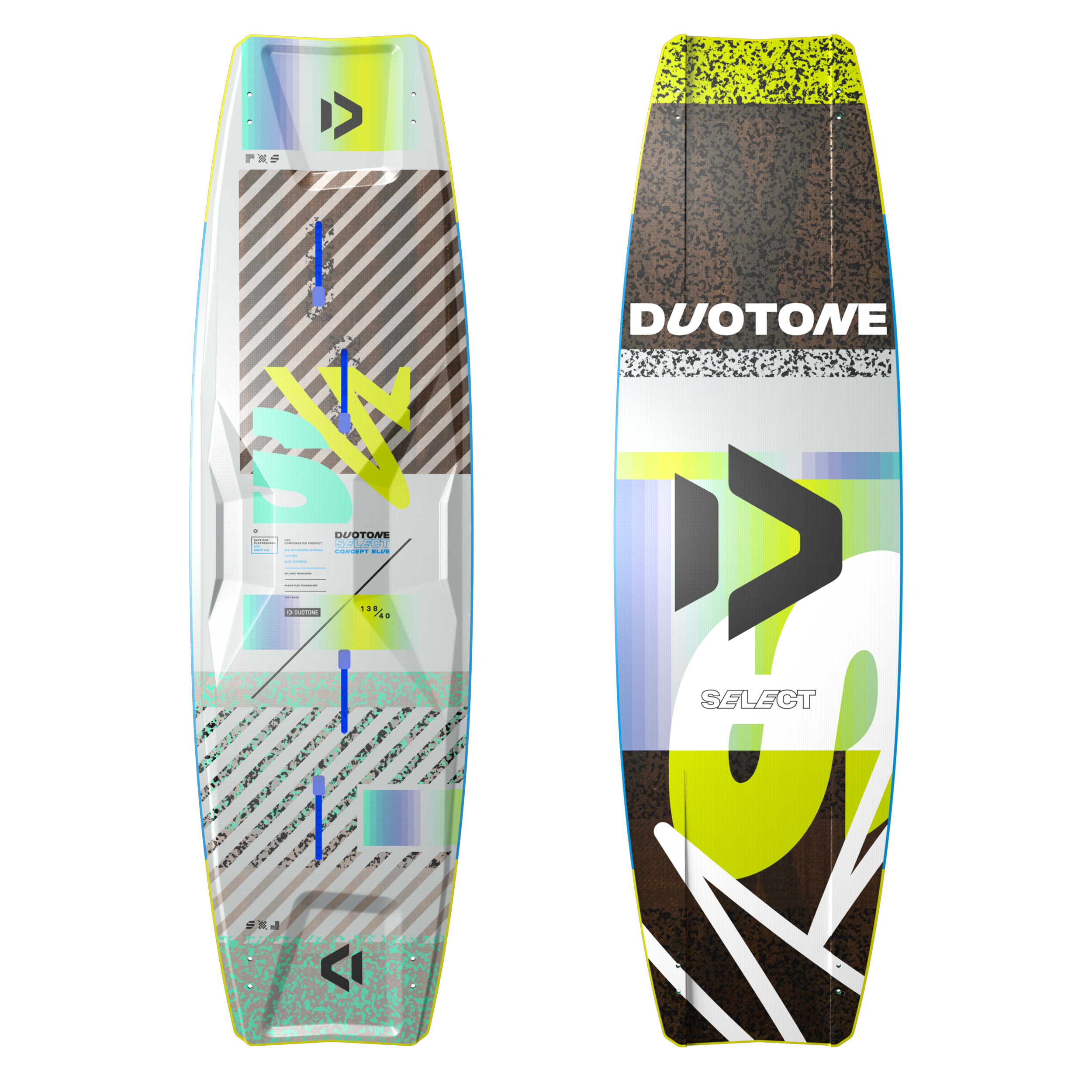 Duotone Select Concept Blue 2024 - Windsport Fehmarn Vorder- und Rückseite des Duotone Select Concept Blue Kitesurfboards 2024 mit Grafikdesign in Weiß, Blau und Gelb.
