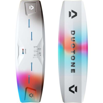 Vorder- und Rückansicht des Duotone Select Concept Blue Kitesurfboards in Weiß mit blau-pinkem Farbverlauf.