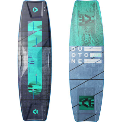 Ober- und Unterseite des Duotone Select SLS 2025 Kitesurfboards mit blau-türkisem Design auf weißem Hintergrund.