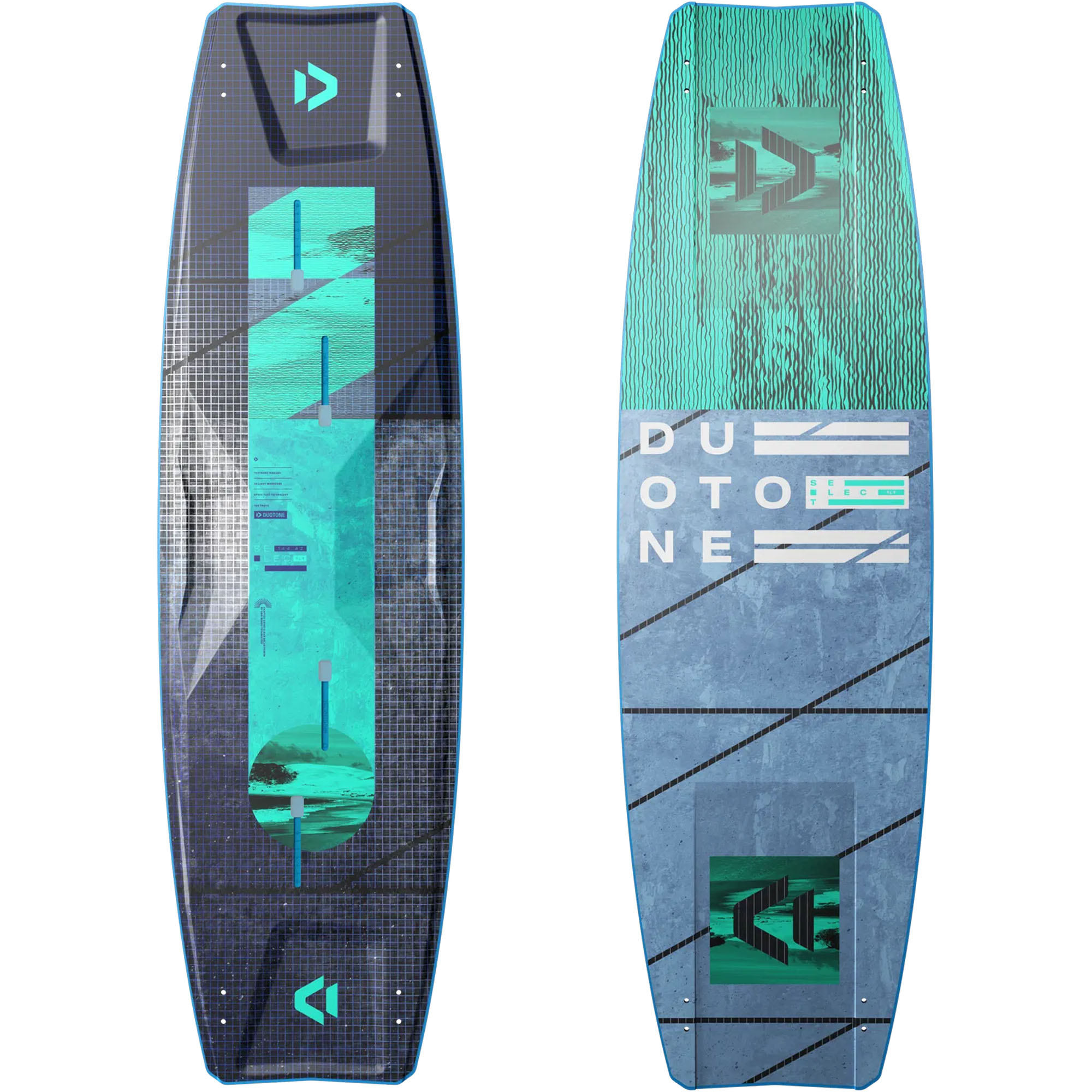 Duotone Select SLS 2025 Kitesurfboard - Windsport Fehmarn Ober- und Unterseite des Duotone Select SLS 2025 Kitesurfboards mit blau-türkisem Design auf weißem Hintergrund.