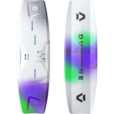 Vorder- und Rückansicht des Duotone Select SLS 2026 Kiteboards in Weiß mit grün-violetten Farbverläufen.