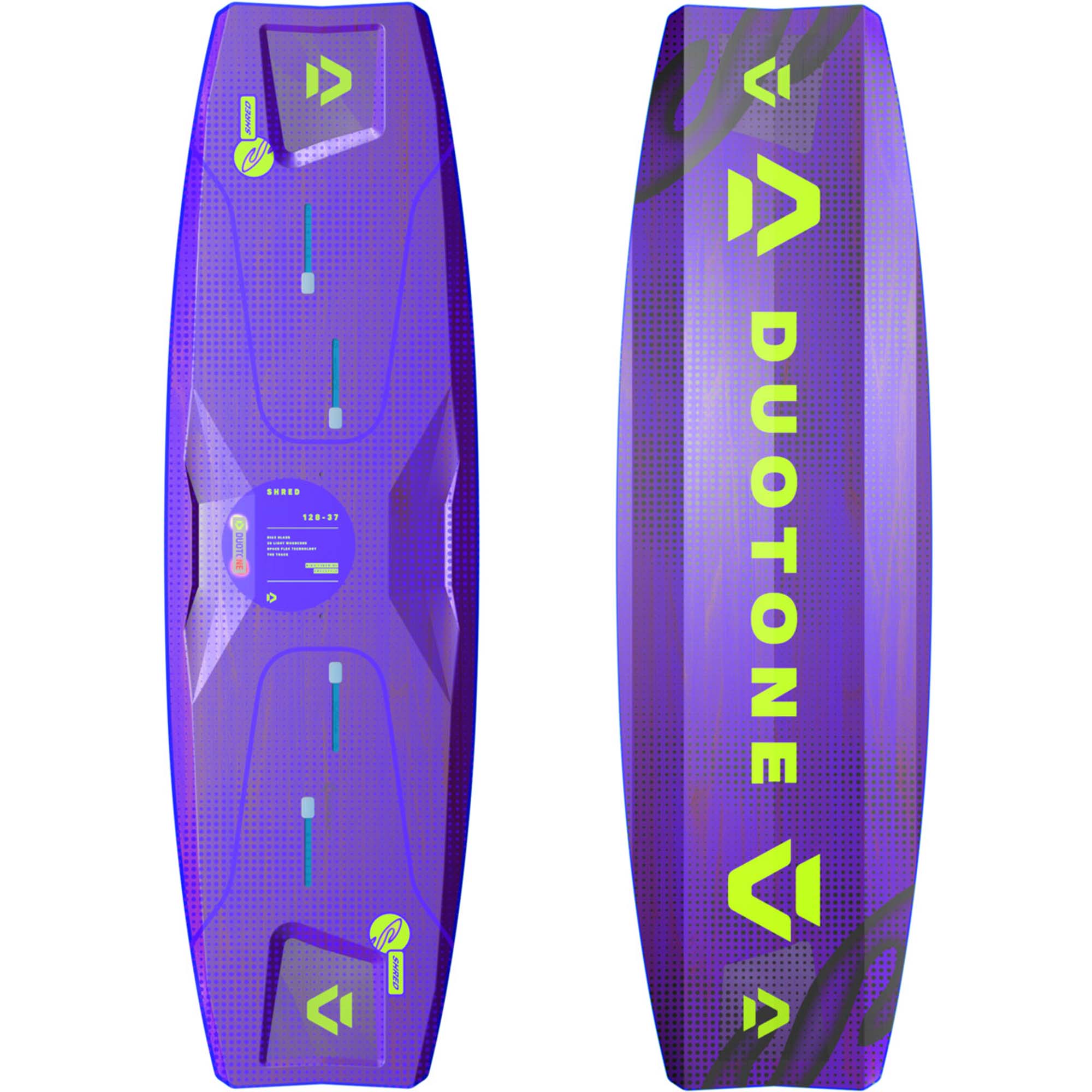 Duotone Shred 2026 Kitesurfboard - Windsport Fehmarn Vorder- und Rückseite des violetten Duotone Shred 2026 Kiteboards mit neongrünen Details.