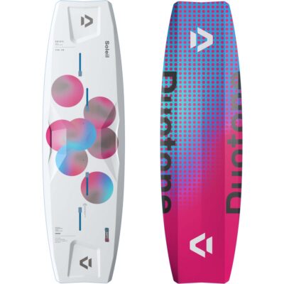 Vorder- und Rückseite des Duotone Soleil Concept Blue Kiteboards mit weißem, blauem und pinkem Punktdesign.