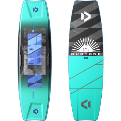 Draufsicht der Ober- und Unterseite des türkisfarbenen Duotone Soleil SLS 2025 Kitesurfboards mit Markenlogo.