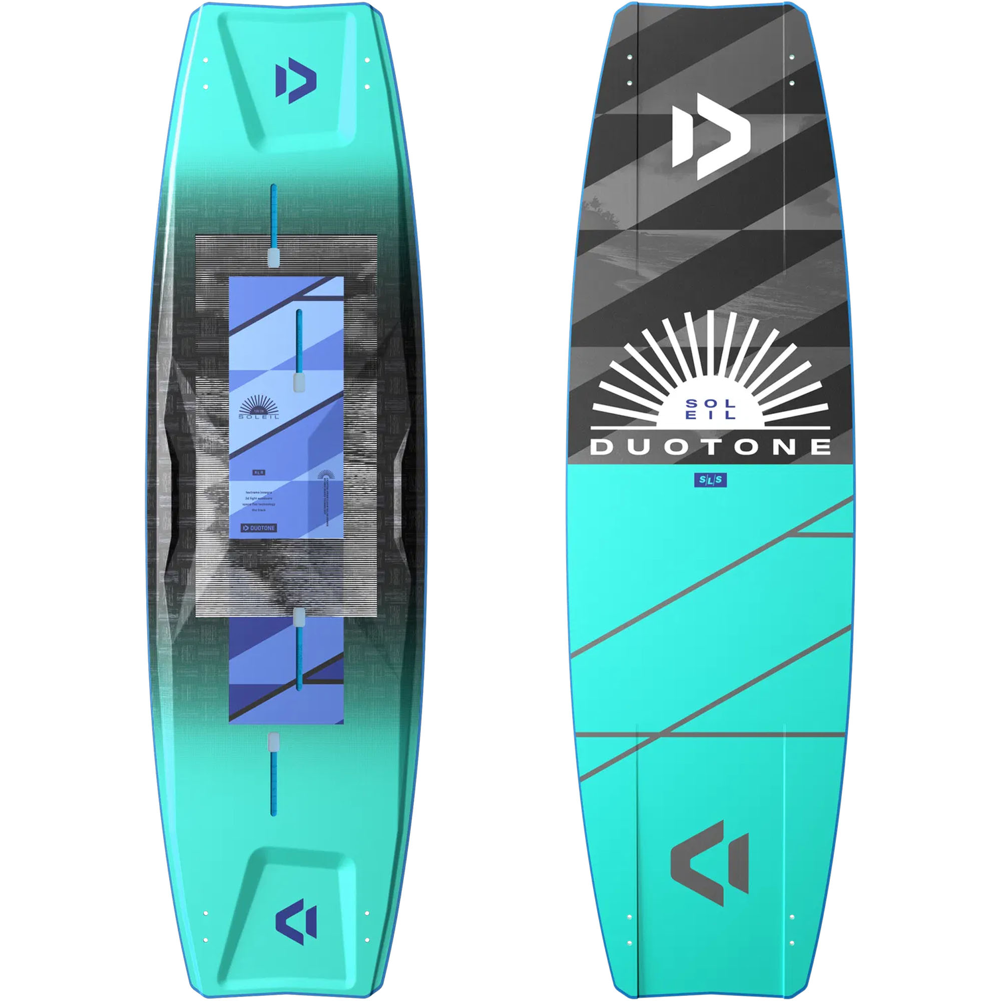 Duotone Soleil SLS 2025 Kitesurfboard - Windsport Fehmarn Draufsicht der Ober- und Unterseite des türkisfarbenen Duotone Soleil SLS 2025 Kitesurfboards mit Markenlogo.