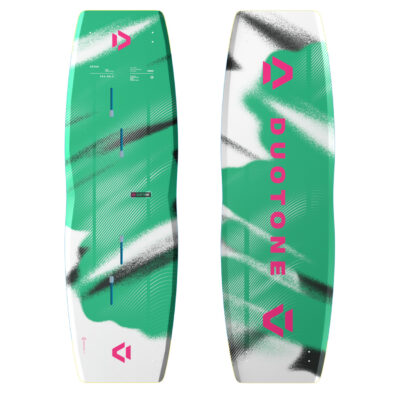 Vorder- und Rückseite des Duotone Spike Kiteboards 2026 in Weiß und Türkis mit pinkfarbenem Logo.