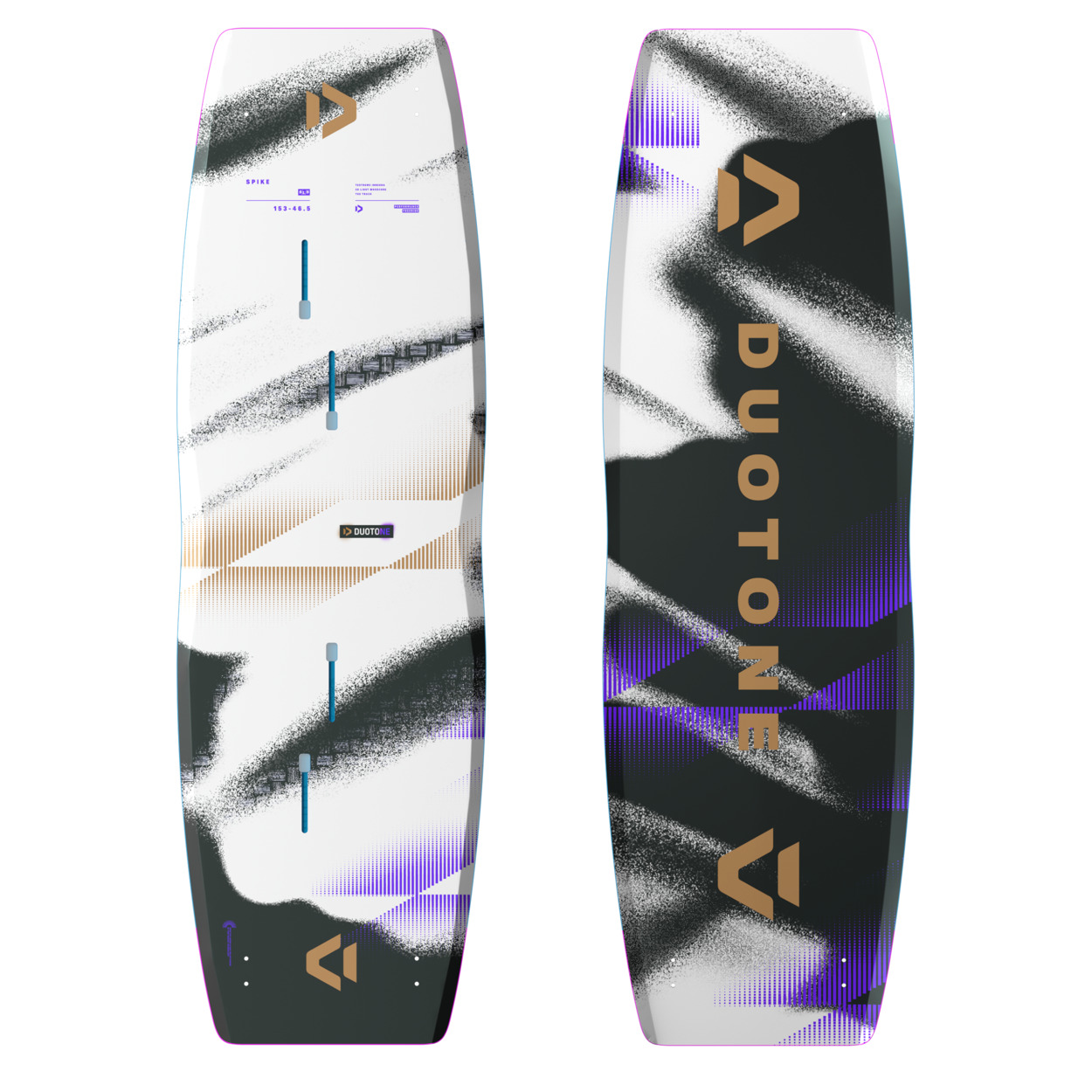 Duotone Spike SLS 2026 Kiteboard - Windsport Fehmarn Vorder- und Rückseite des Duotone Spike SLS 2026 Kiteboards in Weiß, Schwarz und Lila.