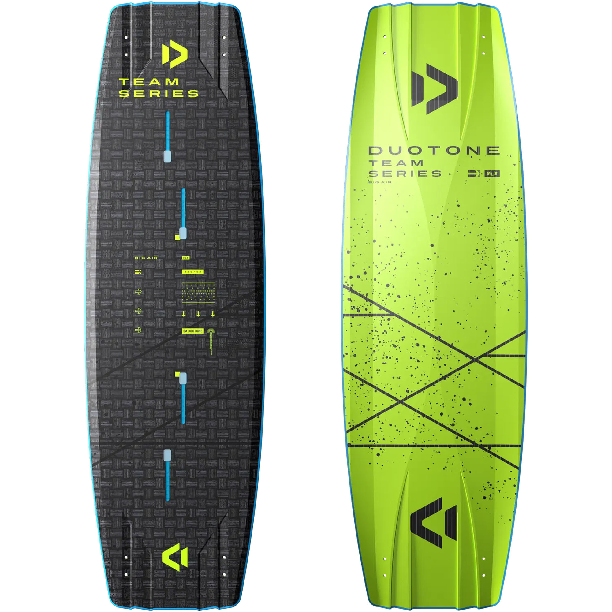 Duotone Team Series Big Air - Windsport Fehmarn Vorder- und Rückansicht des Duotone Team Series SLS 2025 Kitesurf-Boards in leuchtendem Neongrün und Schwarz.
