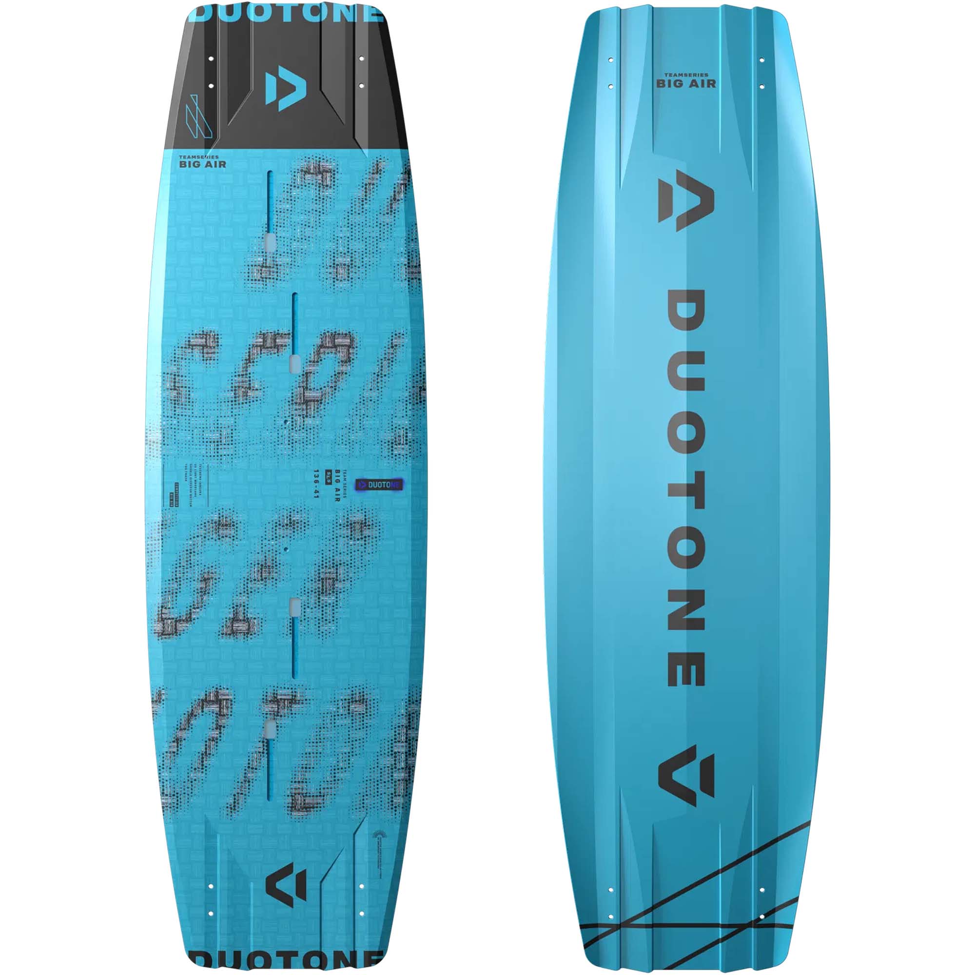 Duotone Team Series Big Air - Windsport Fehmarn Vorder- und Rückansicht des Duotone Team Series Big Air SLS Kitesurfboards in Hellblau und Schwarz.